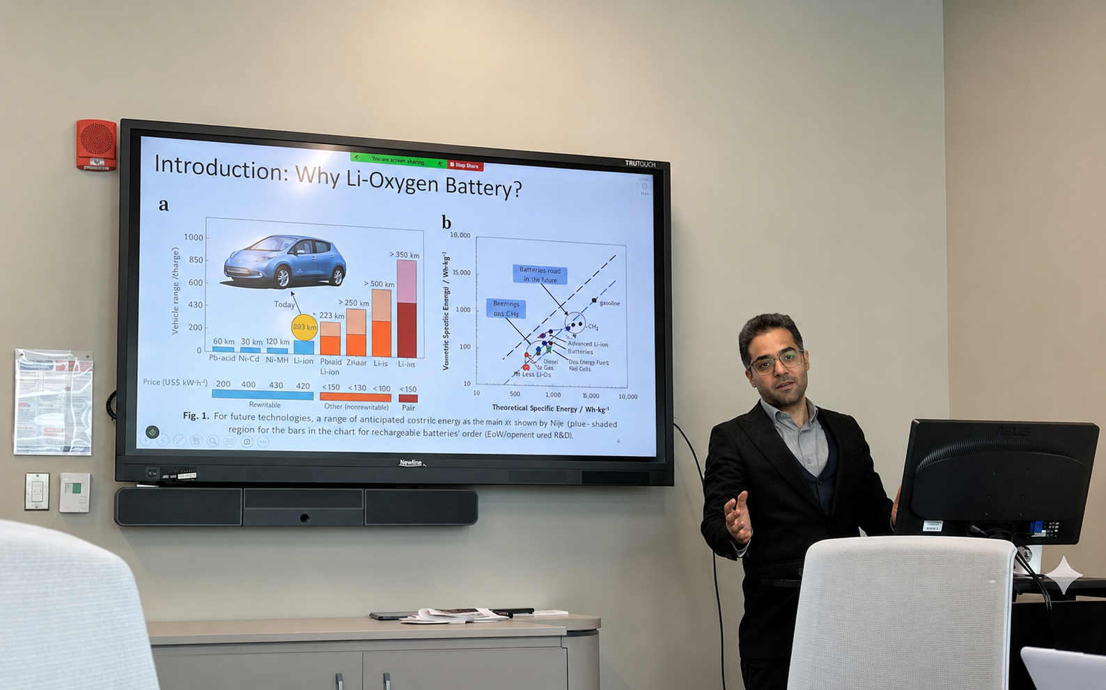 Mehran Arzani presenting lithium-oxygen battery research in a conference room